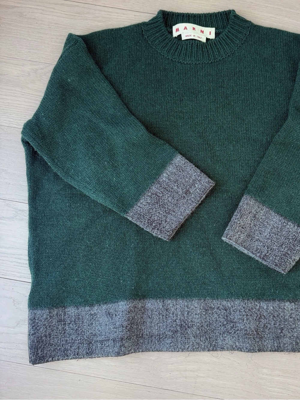 Marni Forest Green Crewneck Sweater with Gray Hem & Cuffs